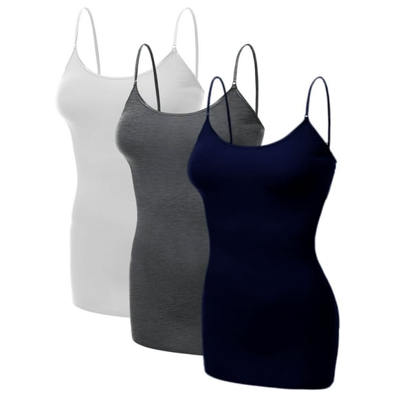 Emmalise Women's Basic Casual Long Camisole Adjustable Strap Cami Layering Top, Small, 3Pk White, Hth Charcoal, Navy