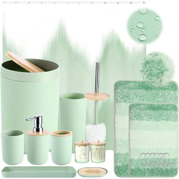 iMucci Bathroom Accories Green Bathroom Sets with Shower Curtain and Rug Green Ombre Waterproof Shower Curtain with Ultra Absorbent Rug Bathroom Accories Set for Home Decor