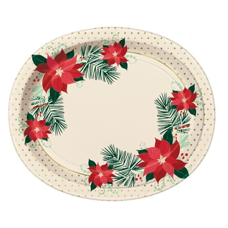 Christmas Theme Paper Red and Gold Poinsettia Christmas Oval Paper Plates, 12.25in, 8ct ()