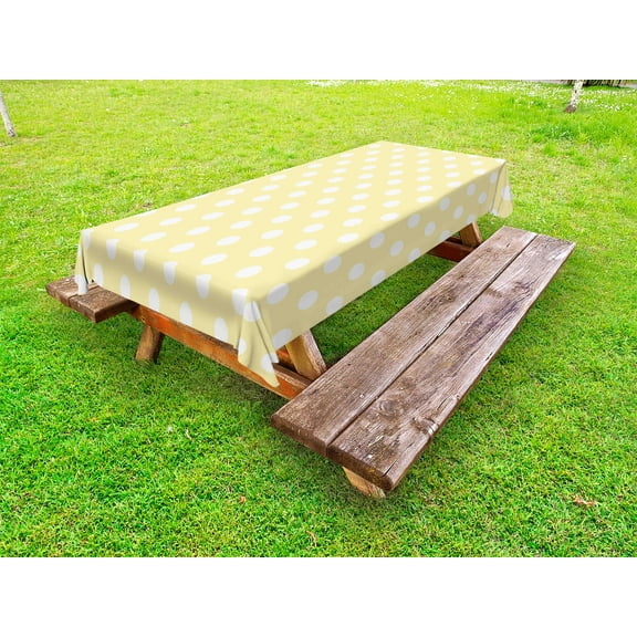 Kids Outdoor Tablecloth, Retro Style Spotty Pattern with Symmetrical White Dots on Yellow Backdrop, Decorative Washable Fabric Picnic Tablecloth, 58 X 104 Inches, Pale Yellow and White, by Ambesonne