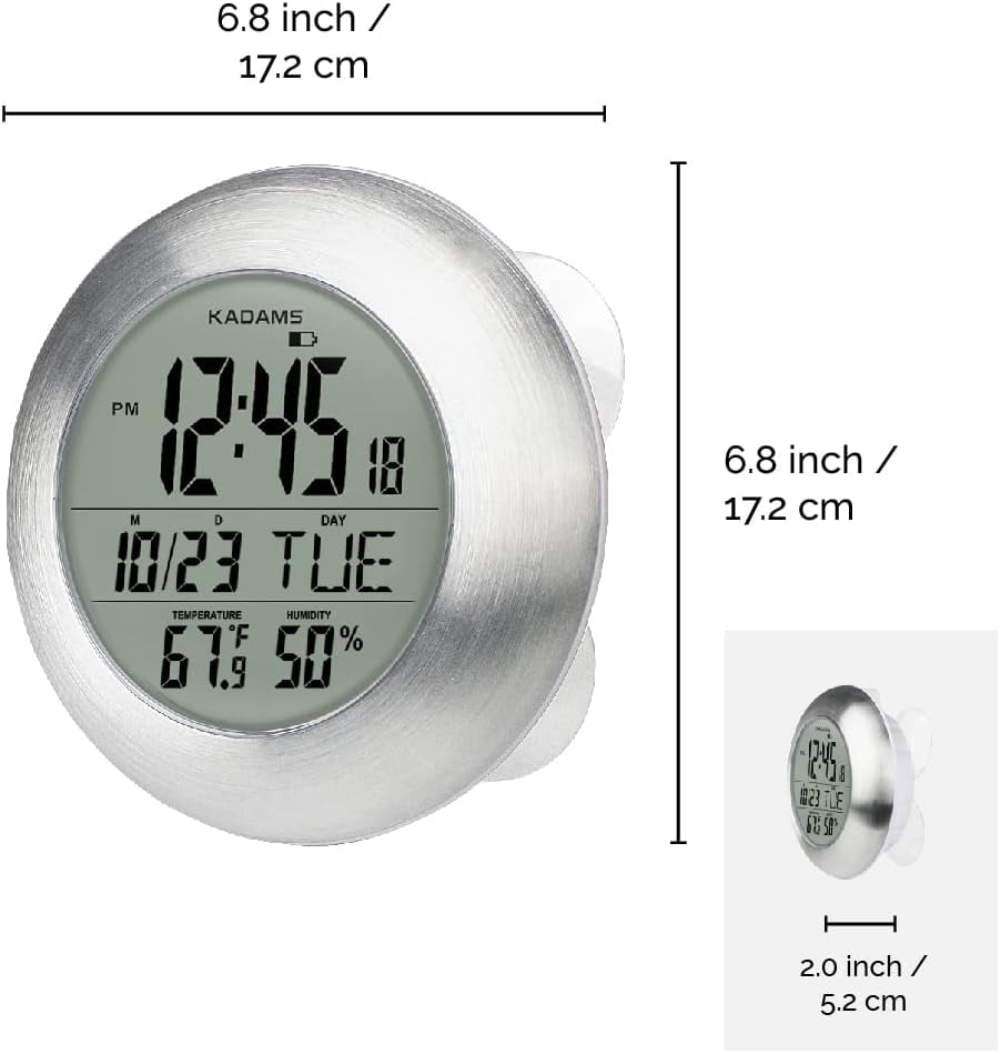 KADAMS Silver Waterproof Digital Timer Clock with Smart Alarm, Hygrometer, Temperature Display, Suction Cup, for Home Kitchen or Bathroom