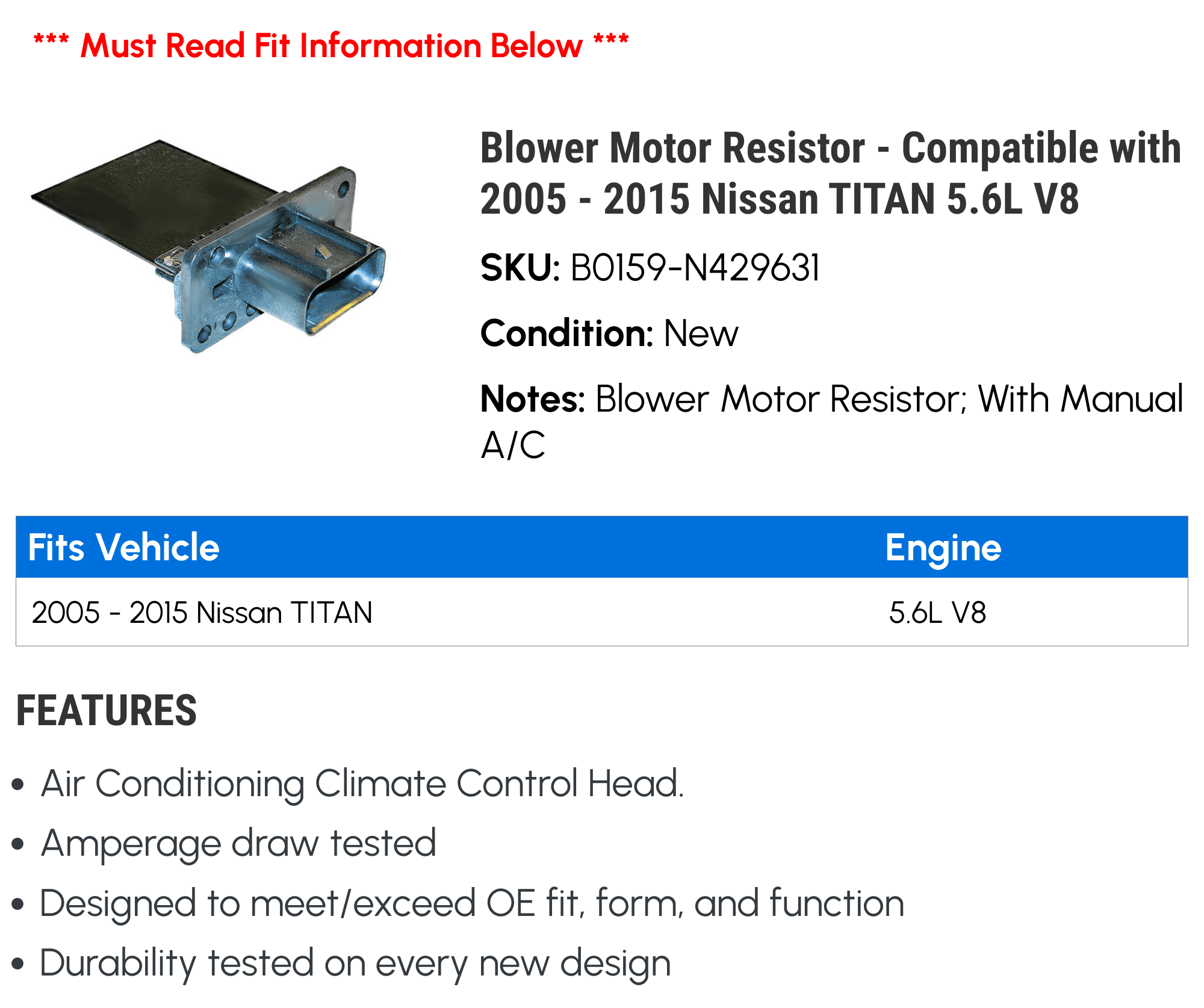 Blower Motor Resistor - Compatible with 2005 - 2015 Nissan TITAN 5.6L V8 2006 2007 2008 2009 2010 2011 2012 2013 2014
