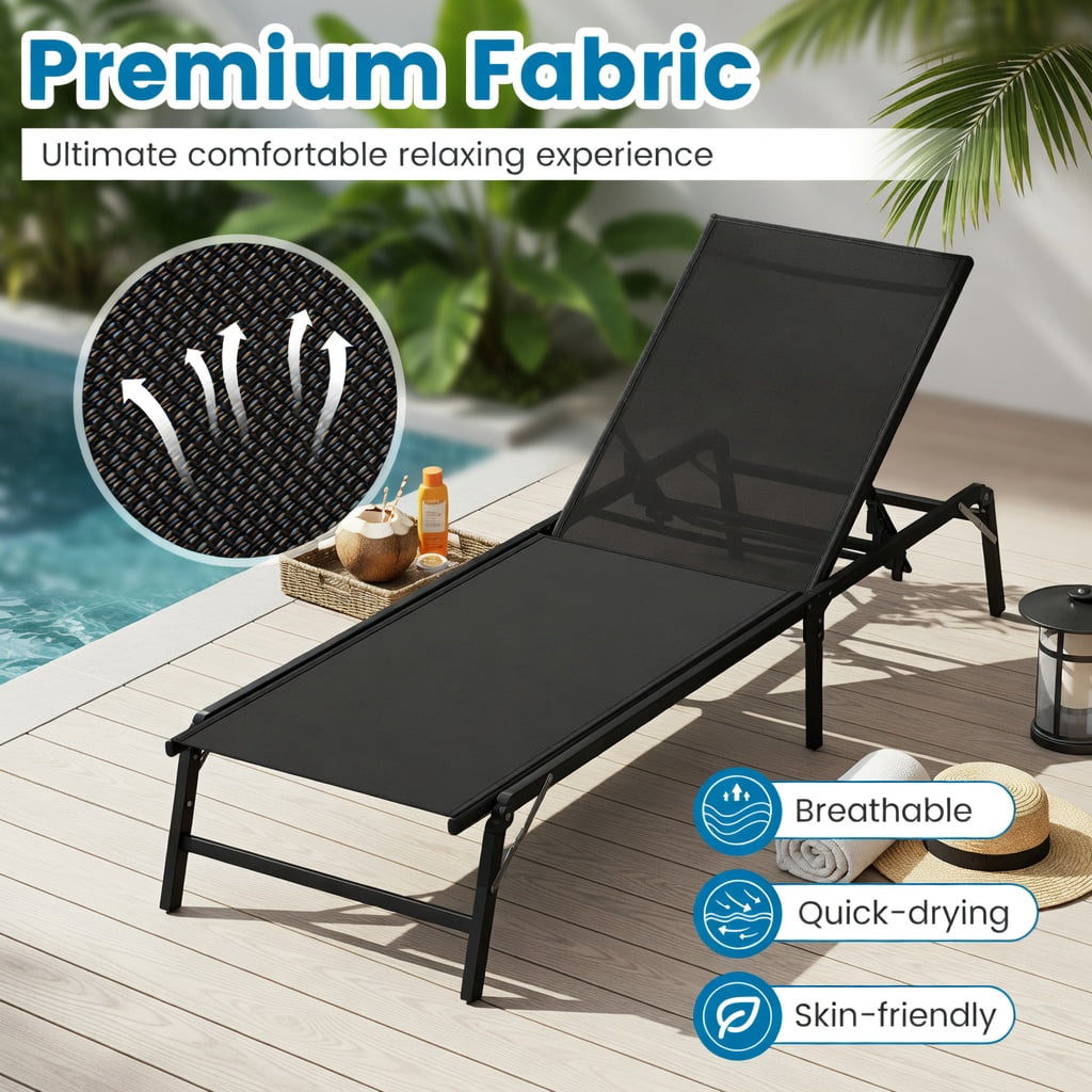 Hommoo 2-Pack Foldable Outdoor Chaise Lounge Chairs, Metal Frame with Breathable Fabric, 5-Position Adjustable Backrest, Perfect for Patio, Pool & Backyard, Black