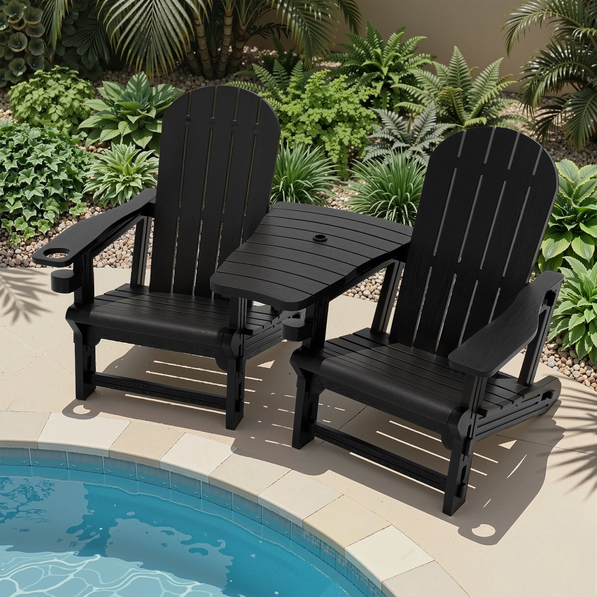 Walsunny Adirondack Chairs Set of 2 Fire Pit Chair Set with Connecting Tray Cup Holder Removable Tabletop,All-Weather HDPE Outdoor Chair Set for Patio Garden Lawn,Black