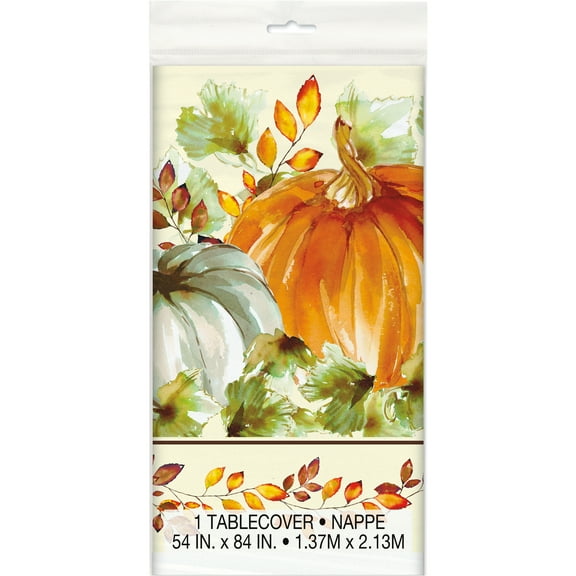 Watercolor Pumpkins Fall Plastic Party Tablecloth, 84 x 54in