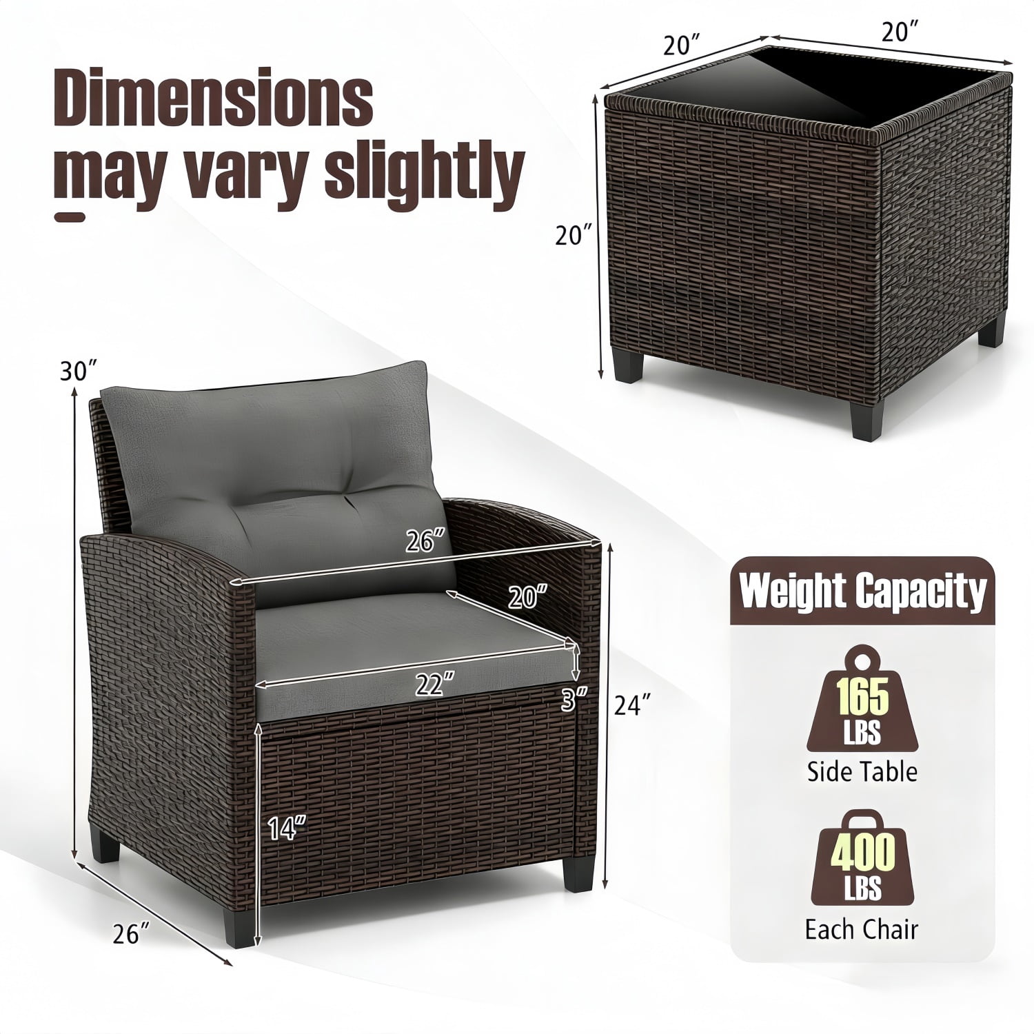 Hommoo 3 PCS Rattan Patio Furniture Set, Outdoor Brown Wicker Conversation Set with Glass Tabletop & Gray Cushion