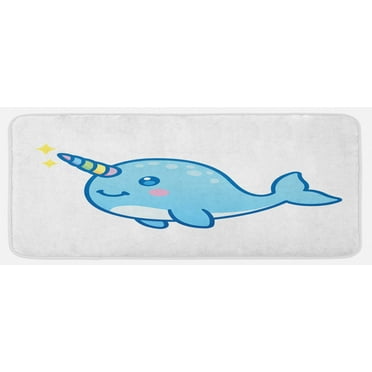 Narwhal Kitchen Mat, Cartoon Drawing Style Whale Rainbow Horn Unicorn of the Ocean Arctic Animal, Plush Decorative Kitchen Mat with Non Slip Backing, 47" X 19", Multicolor, by Ambesonne
