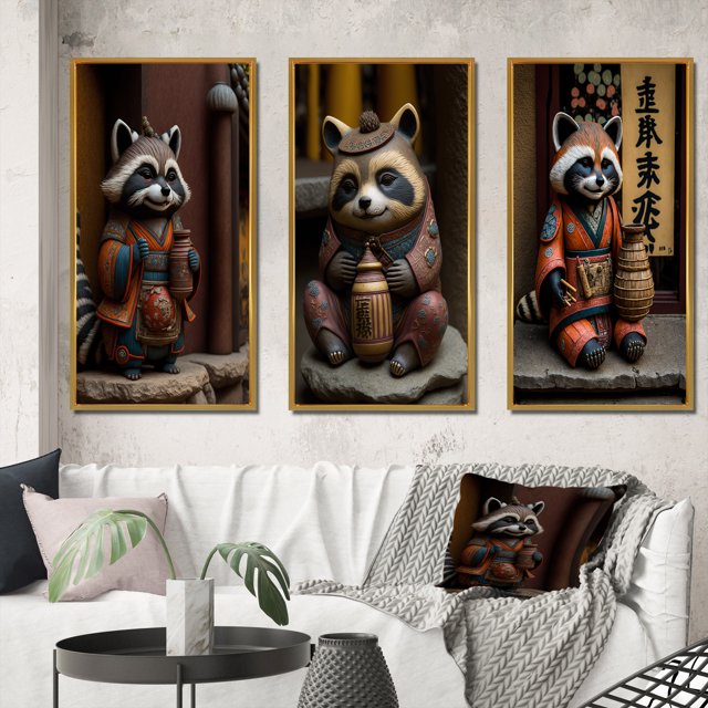 Designart "Happy Tanuki in Terracotta Tone I" Animals Raccoon Framed Wall Art Set Of 3 - Brown Raccoon Frame Gallery Set For Office Decor