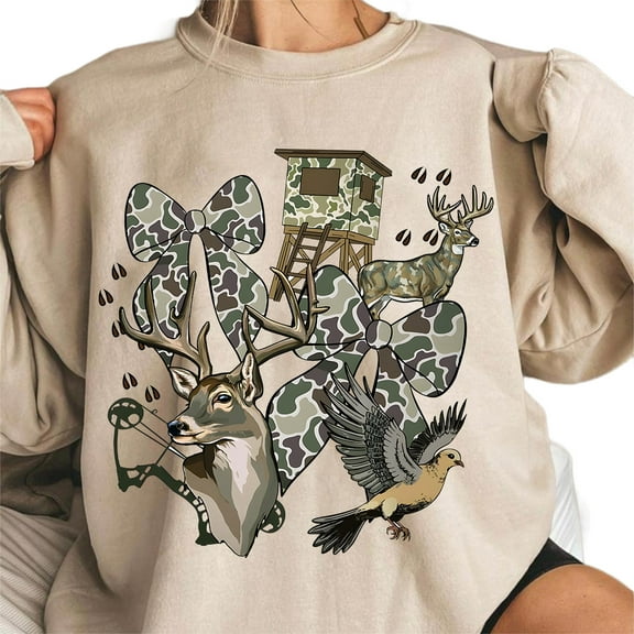 Preppy Hunting Season Sweatshirt – Trendy Girly Camo Bow Fall Sweater, Hunting Mama Coquette Deer & Dove Graphic Crewneck, Unisex Casual Cotton Gift for Men & Women