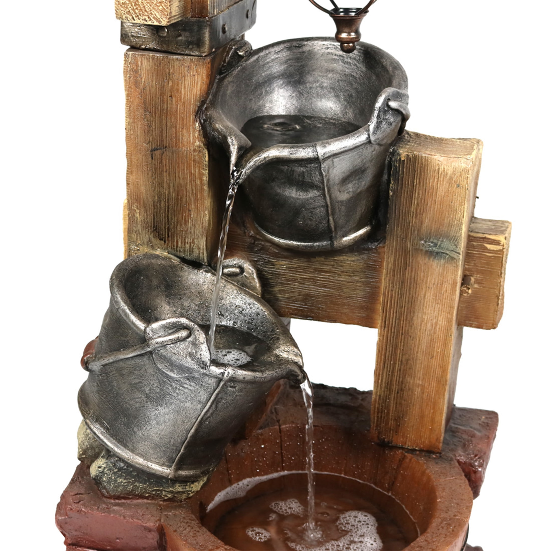 Sunnydaze Rustic Pouring Buckets Outdoor Water Fountain with Solar Lantern - Waterfall Fountain & Backyard Water Feature for Patio, Yard, & Lawn - 34 Inch Tall