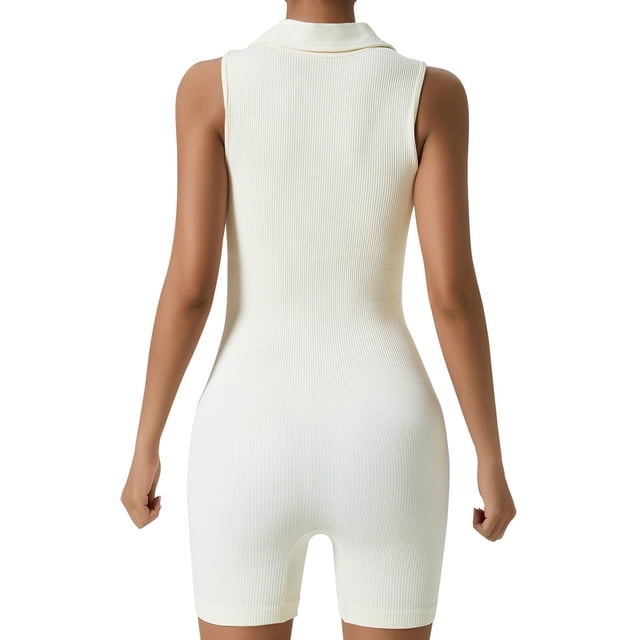YFELWZ Women's Plus Size Ribbed Shaping Button Up Sleeveless Yoga Jumpsuit White L