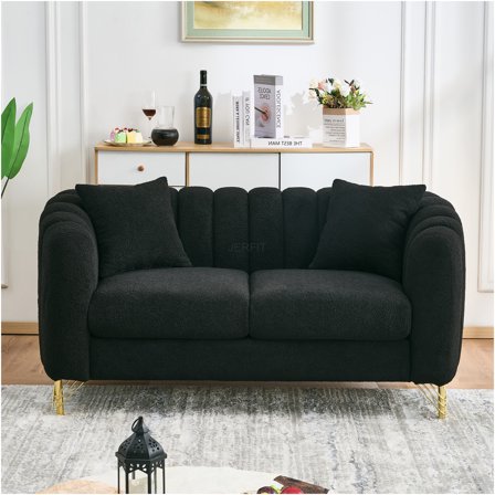 JERFIT Modern Chenille Loveseat Sofa with Gold Legs, 2-Seater Tufted Couch for Small Spaces, Comfortable Upholstered Apartment Sofa for Living Room, Bedroom, Black