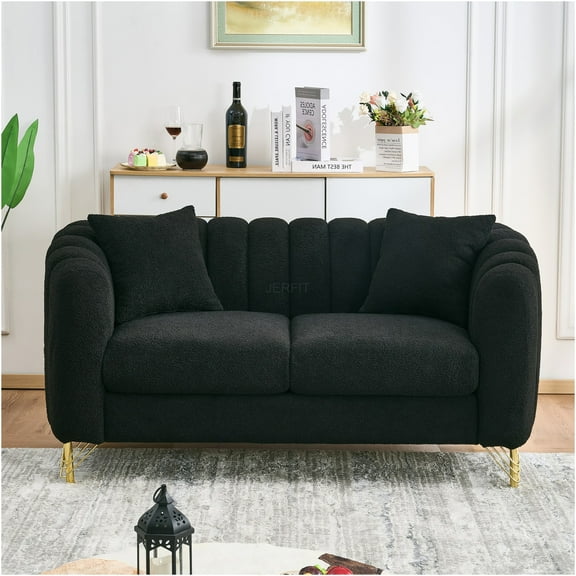 JERFIT Modern Chenille Loveseat Sofa with Gold Legs, 2-Seater Tufted Couch for Small Spaces, Comfortable Upholstered Apartment Sofa for Living Room, Bedroom, Black