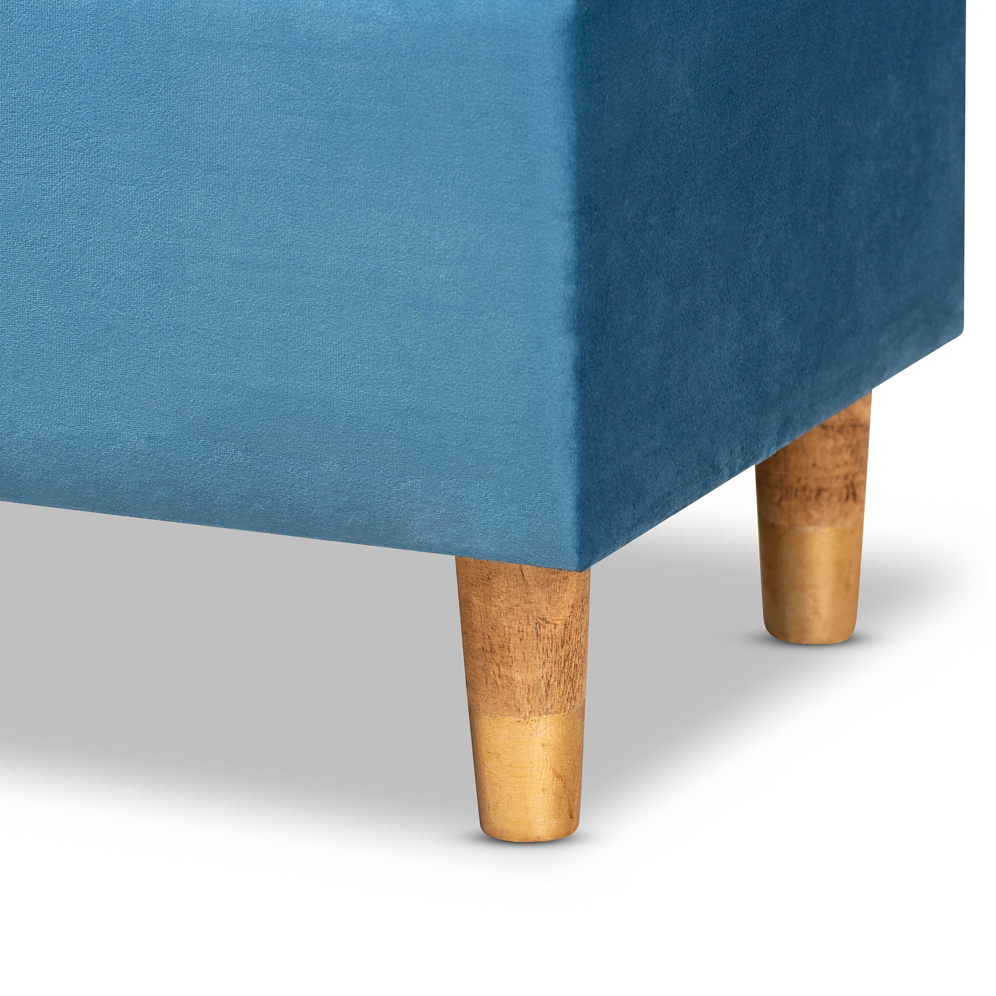 Baxton Studio Elias Modern and Contemporary Sky Blue Velvet Fabric Upholstered and Oak Brown Finished Wood Storage Ottoman
