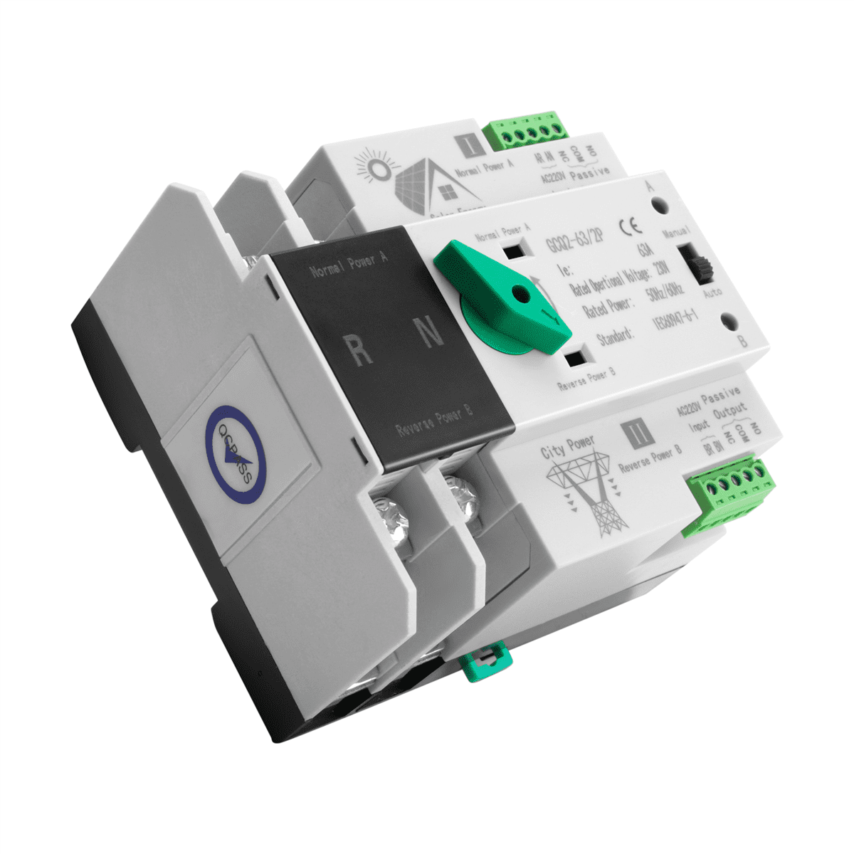 Photovoltaic Solar Power ATS Automatic Transfer Switch Din Rail 2P 63A AC220V ATS PV System Power to City Power,1 x Automatic Transfer Switch,White & Black