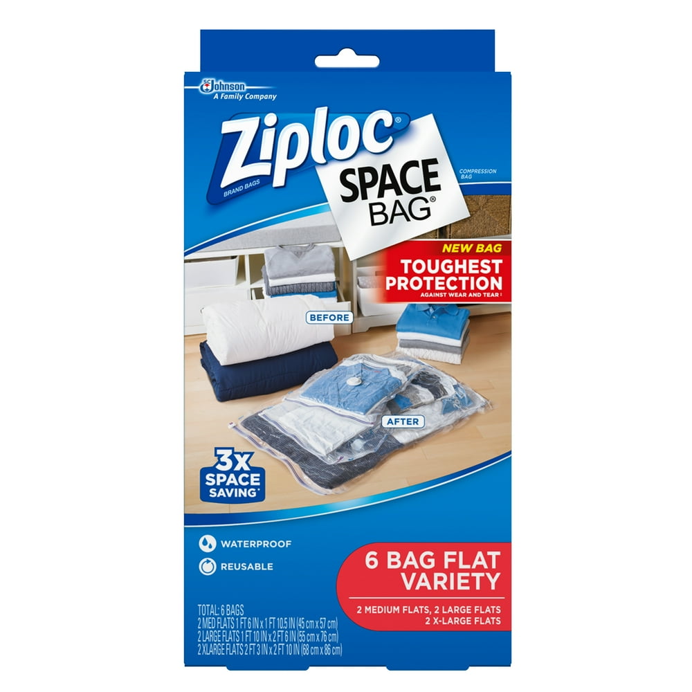 Ziploc Space Bags 6 Count Flat Bags 2 Medium, 2 Large, 2 Extra Large