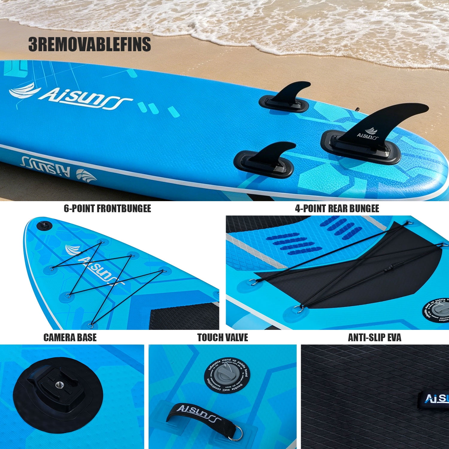 AISUNSS 11′ Inflatable Fishing Stand Up Paddle Board, 6″ Thick Deck, Complete Premium Full SUP Accessories Included