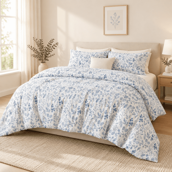 Blue Flcomforter Set/xl White Softfiber 3-pieces Boho Botanical Flower Bedding For With 2owcases Cute Fresh All-season
