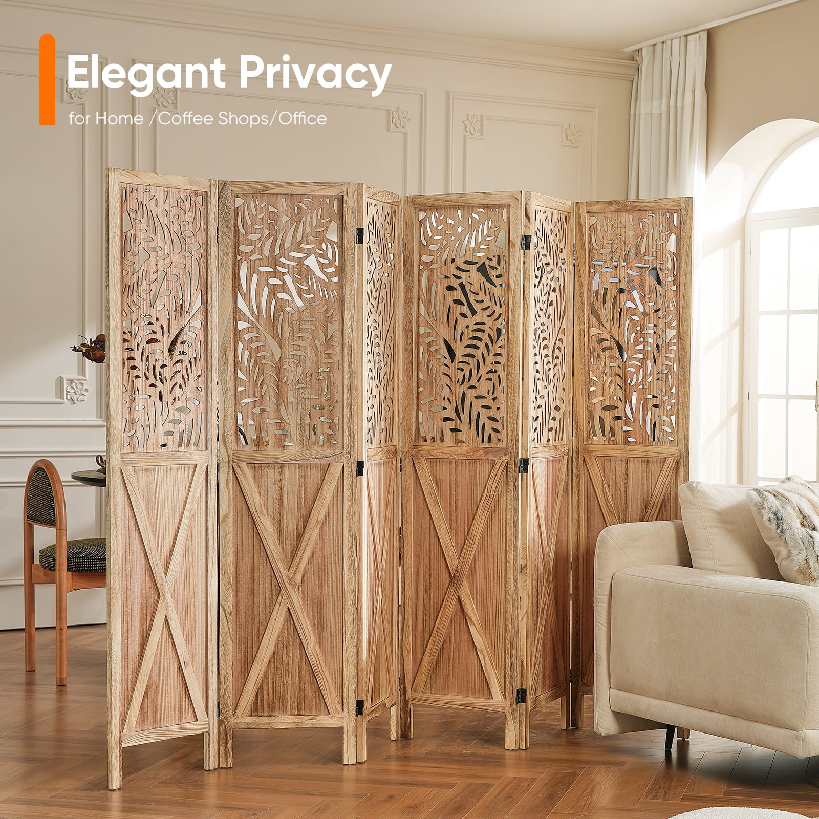 Jostyle 6 Panel Solid Wood Room Divider Privacy Screen - Freestanding Folding Partition with Barn Door Openwork Design, Paulownia Wood Frame Natural, No Assembly for Living Room, Bedroom, Office