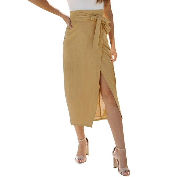 Women's High Waisted Wrap Midi Skirt with Side Slit Casual Summer Long Flowy Skirt for Everyday Comfort