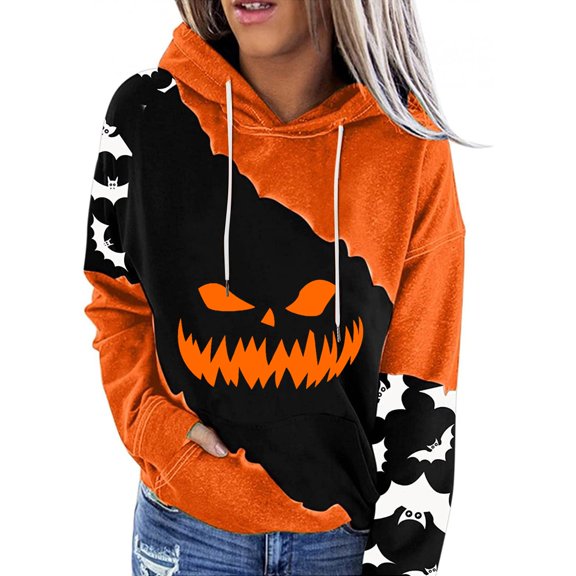 Halloween Womens Hoodies Casual Colorblock Pumpkin Face Print Sweatshirt Long Sleeve Pullover Tops Fall Winter Warm Black L