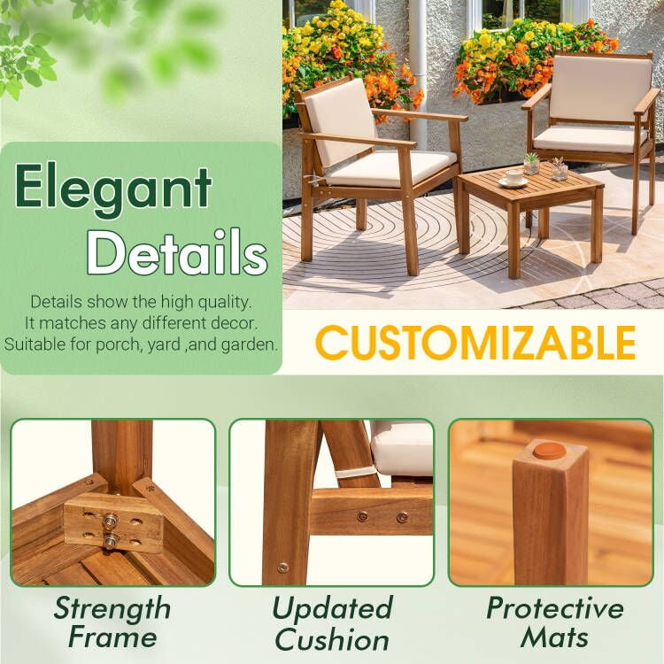 Devoko 3 Pieces Wood Patio Conversation Set Acacia Outdoor Furniture Set with Cushions and Side Table for Porch, Yard and Balcony, Beige