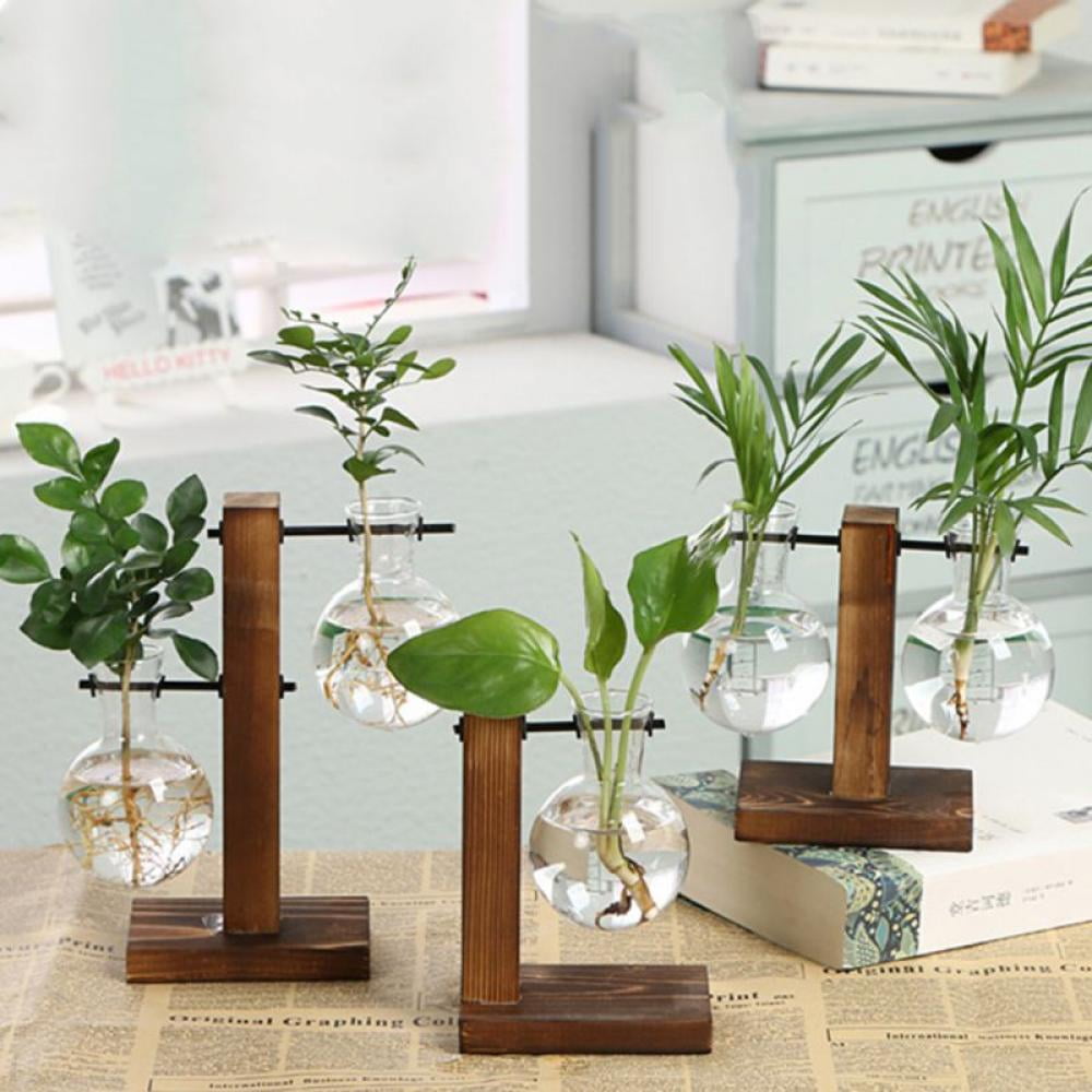 Desktop Air Planter Bulb Glass Vase Plant Gifts for Plant Lovers Plant Terrarium with Wooden Stand for Hydroponics Home Garden Office Decoration（3 Bulb Vase）