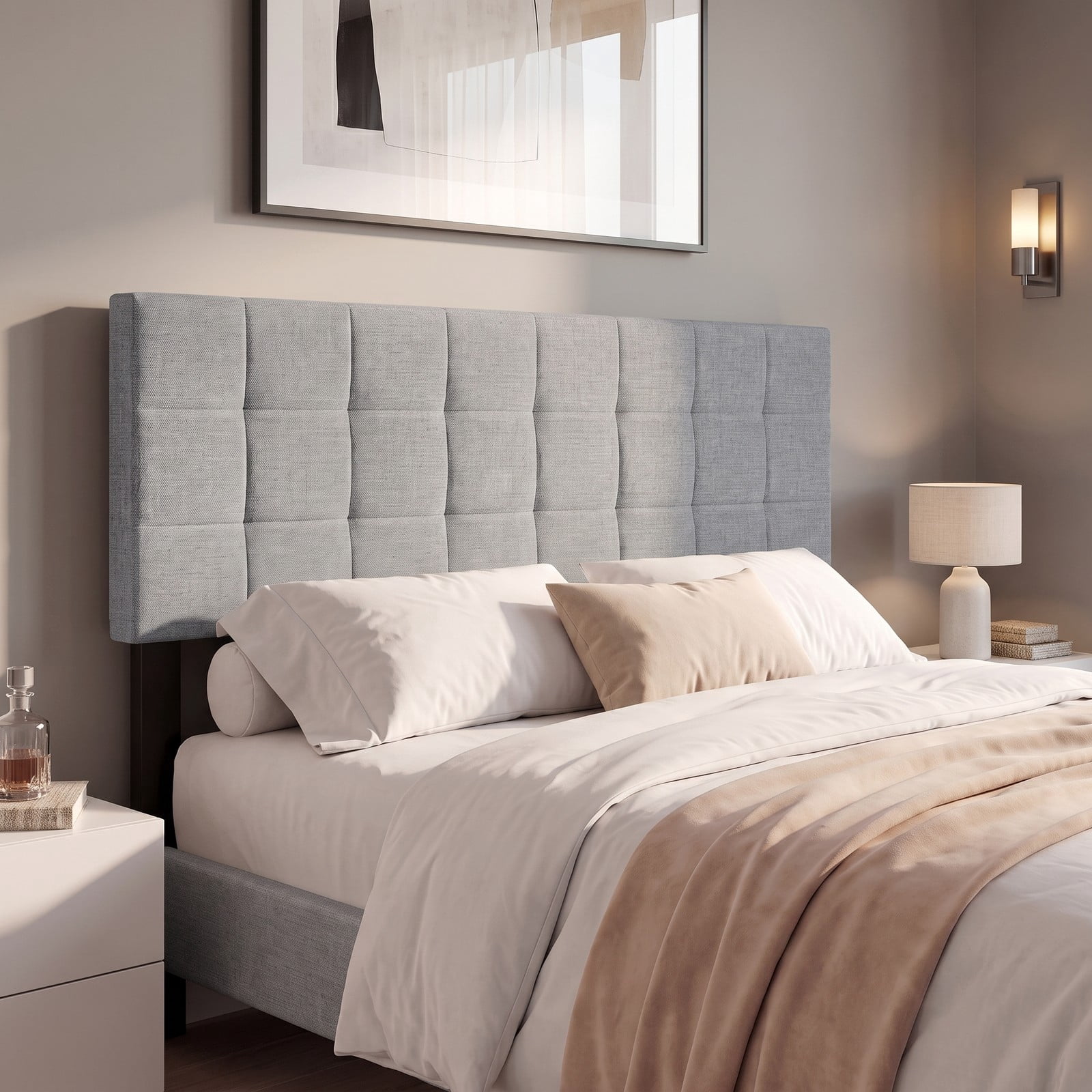 Furnibear Upholstered Headboard for Full and Queen Bed Frame, Quilted Grid Linen Panel with Adjustable Legs for Bedroom, Gray