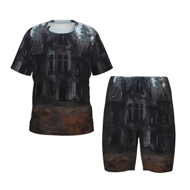 Balery Gloomy Mansion Forest Scene Conjunto de Pijama Infantil de Manga Corta con Estampado – Ropa de Dormir de Algodón Suave-Medium