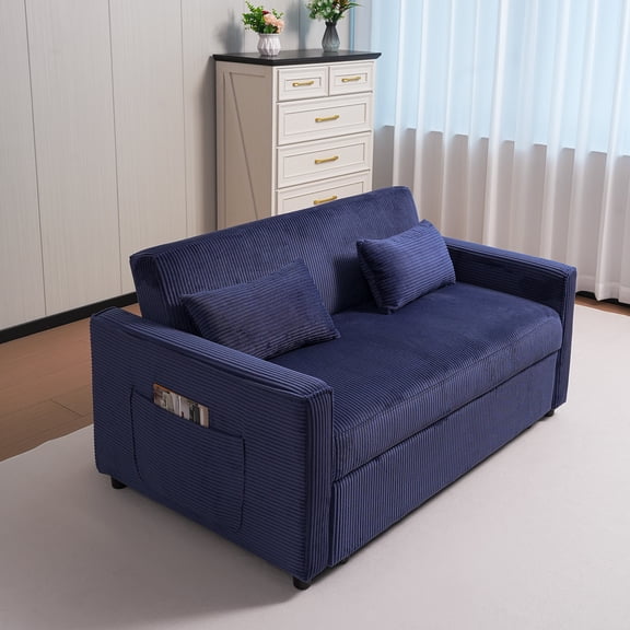 3-in-1 Corduroy Futon Sofa Bed with Pull-Out Sleeper, Adjustable Backrest and Matching Pillows, Multi-Functional Convertible Couch for Living Room or Bedroom, Soft Upholstered Design, Blue