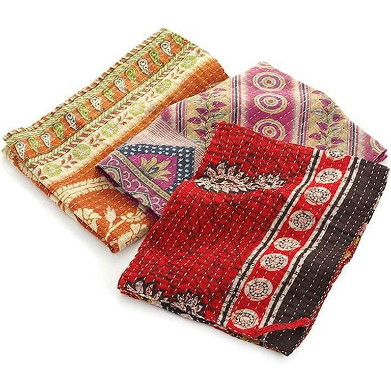 Double-Layered Recycled Cotton Tea Towels with Indian Saris Kantha Quilt Embroidery for Kitchen Dishes - Bohemian Boho Decor Set of 3