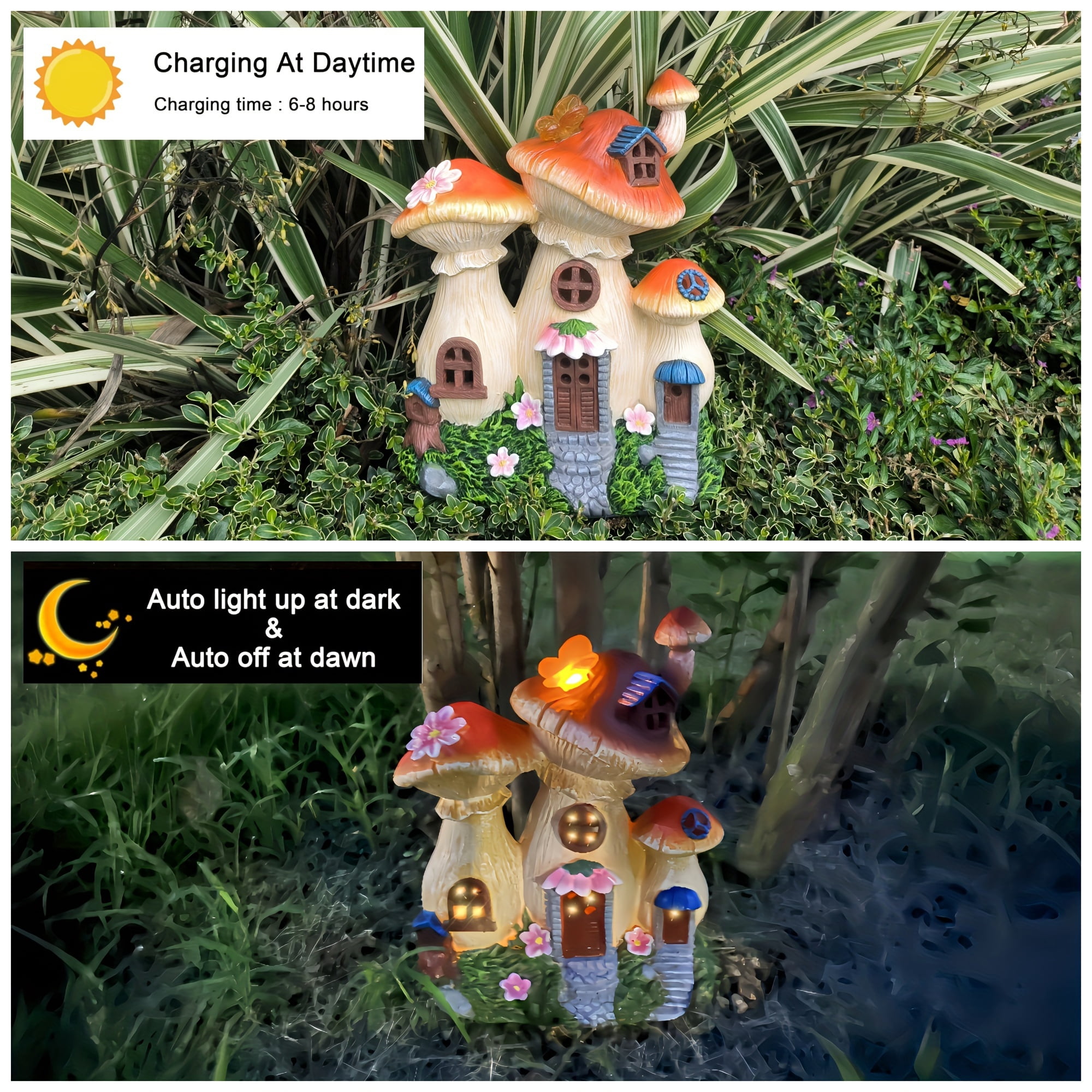 Outdoor Garden Statue Decor, Solar Mushroom House Sculptures with Glowing Butterfly