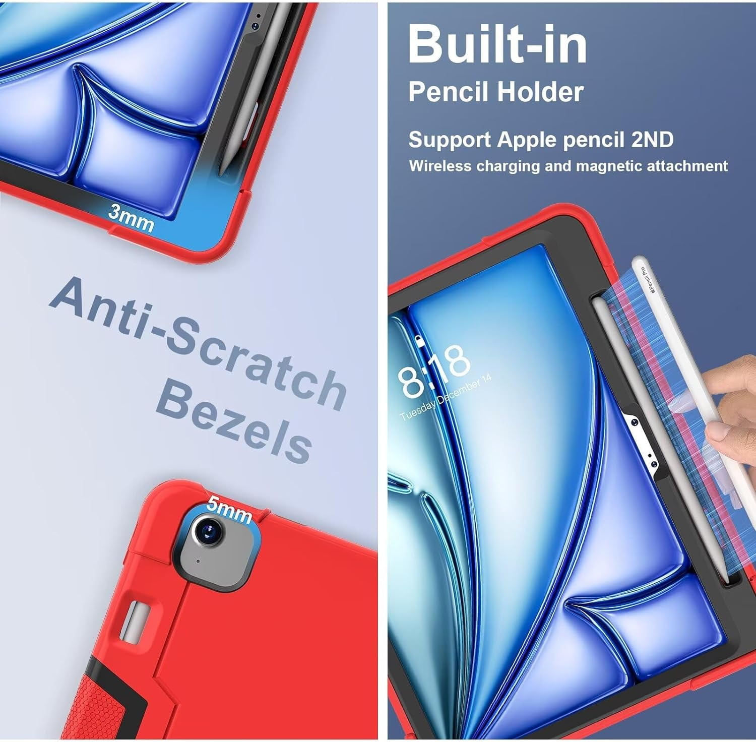 SOATUTO Case for iPad Air 13 Inch M3 M2 (2025/2024) Release, [Built-in Pencil Holder] Heavy Duty Shockproof Rugged High Impact Protective Case (Red/Black)