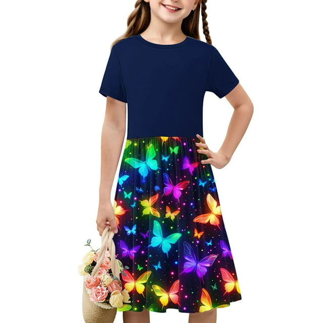 Liquidation d'Été Iumwxz Robes Plissées Confortables Extensibles à Empiècements en Ligne Robe Col Rond Imprimé Tendance Manches Courtes pour Enfants Robe Tendance pour la Rue 4-14 Ans