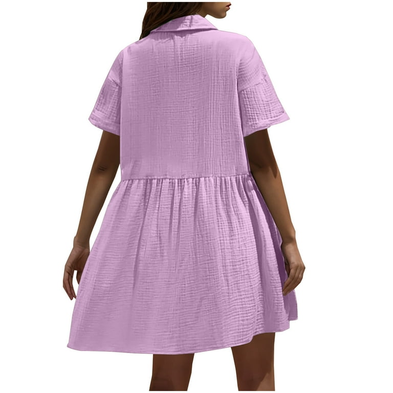 Itsame Women's Shirt Dress, Buttons Collar Short Sleeve Cotton Casual Loose Pleated Flare Dresses Purple XL Itsame Women's Shirt Dress, Buttons Collar Short Sleeve Cotton Casual Loose Pleated Flare Dresses Purple XL