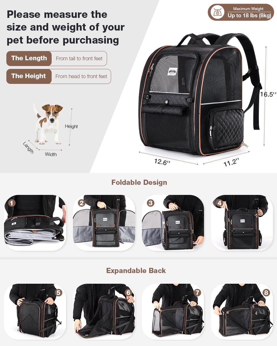 Lekesky - Expandable Cat Dog Backpack Carrier for Travel - Max Airflow, 4 Entrances, Folds Flat, Holds Pets Up to 18 Lbs, Safety Leash Included, Black