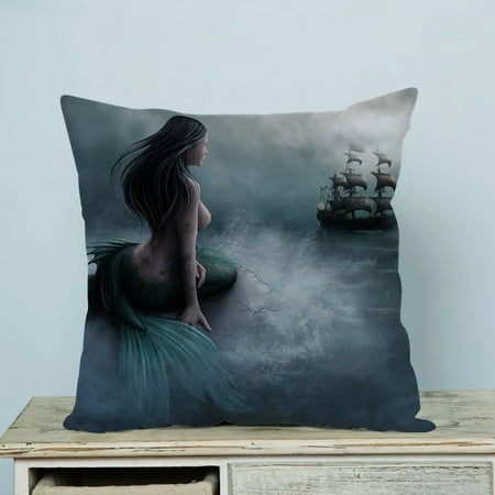 Mermaid And Ship GCKG Mermaid and the Sailing Ship Pillow Case Pillow Cover Pillow Protector Two Sides 18 x 18 Inches ()