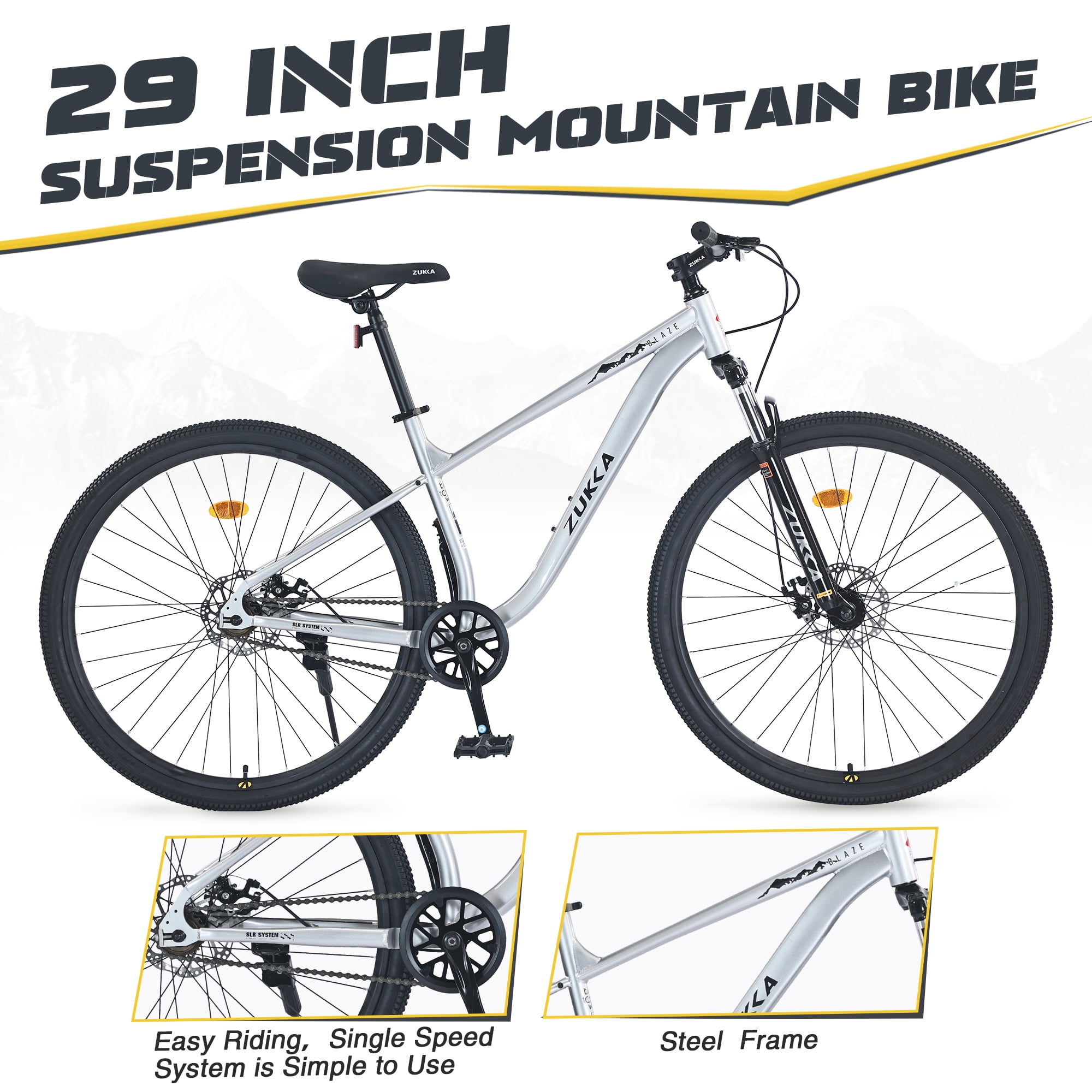 LuckyNote 29 Inch Single Speed Mountain Bike, Steel Frame, Front
