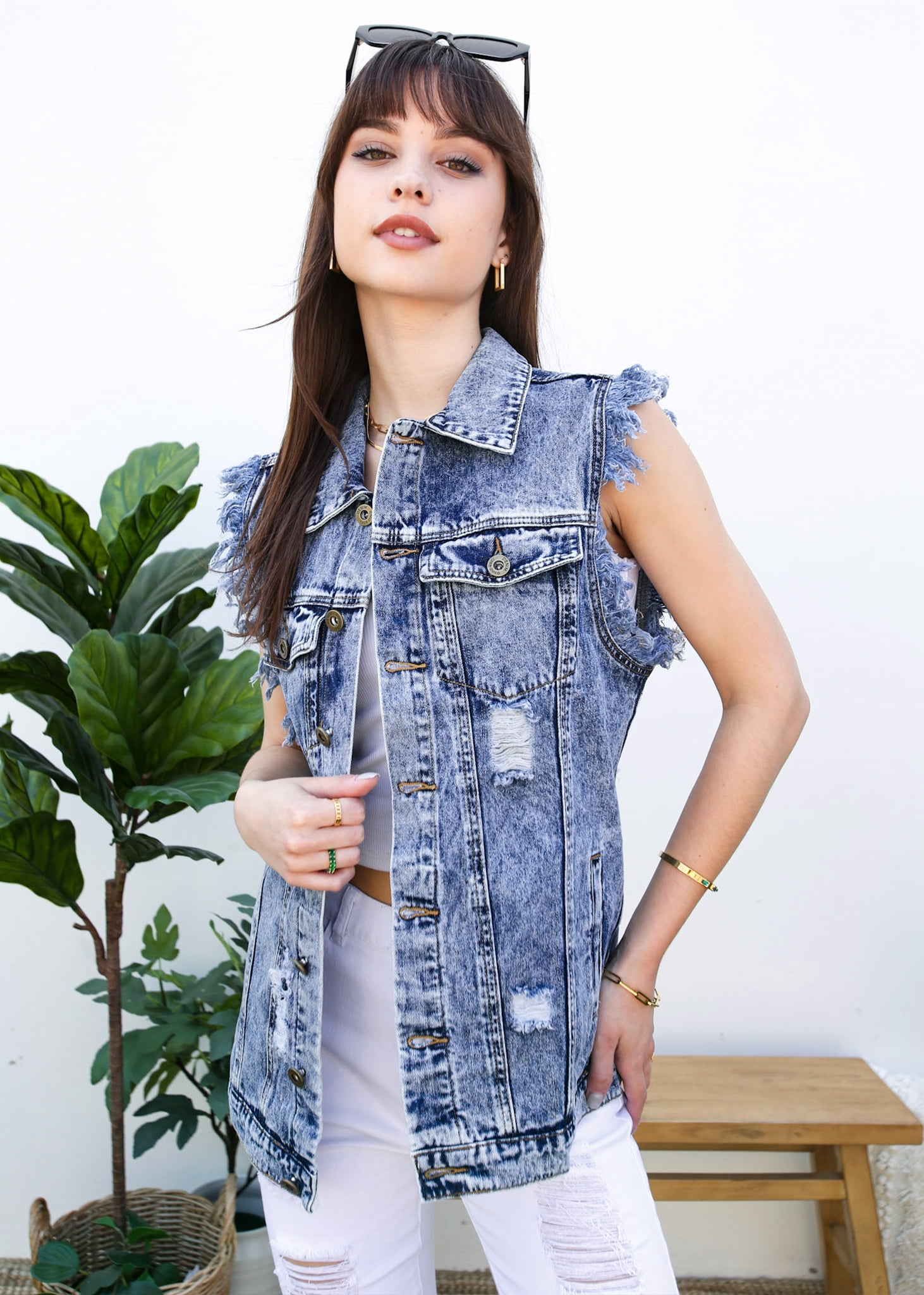 Distressed sleeveless denim best sale jacket