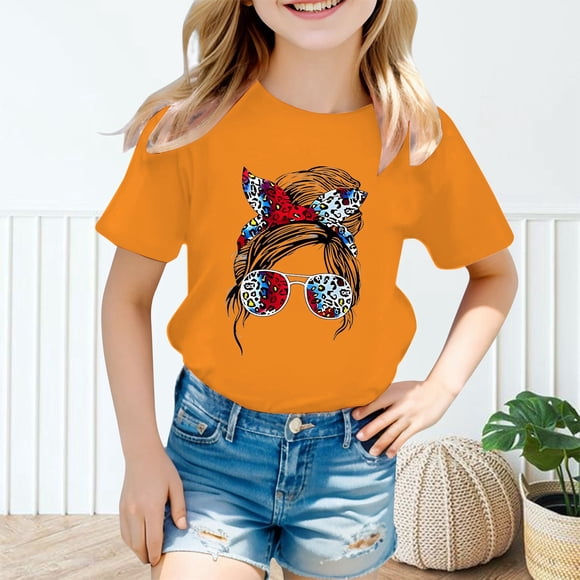 Girls Tops Tees & Shirts Kid Girls Cute Graphic Print Round Neck Short Sleeve Tee Summer Casual Shirt Lightweight Everyday Wear