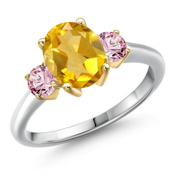 Gem Stone King 10K Two Tone Gold Yellow Citrine and Pink Lab Grown Diamond Engagement Ring for Women | 2.00 Cttw | Oval 9X7MM | Gemstone November Birthstone | Size 5