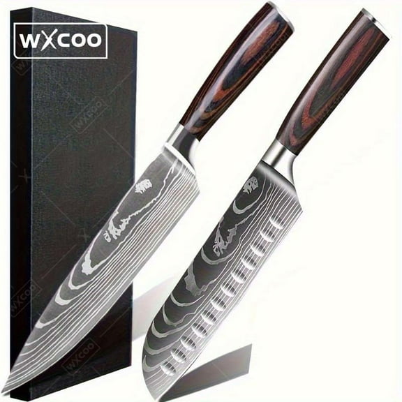 WXCOO 2 Pcs Kitchen Knife Set, Kitchen Chef Knife Set, 8" chef knife, 7" santoku knife, with Sharp High Carbon Stainless Steel Forged Blade, Ergonomically Pakkawood Handle, Japanese Knife Set