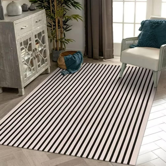 Alfombra LEEVAN, lavable, 150 x 240 cm, con rayas blancas y negras
