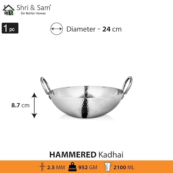 Stainless Steel 2.1 Litre Triply Deep Pro Light Weight Hammered Kadhai, 24 cm, 952 Grams