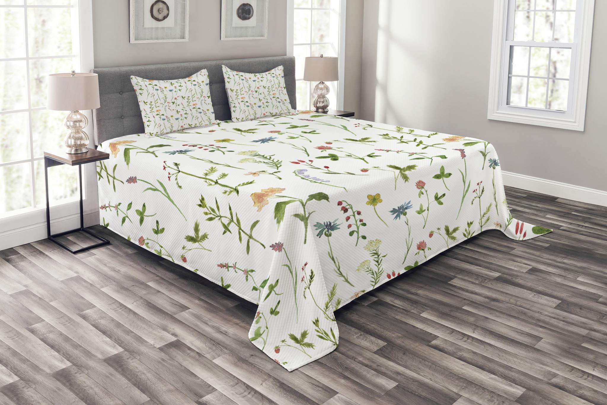 Floral Bedspread Set King Size, Spring Season Themed Watercolors