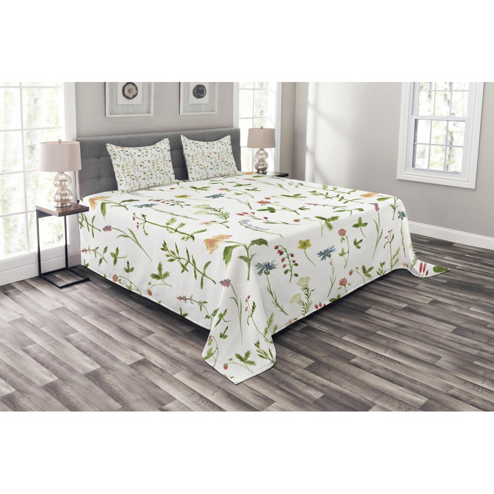 Floral Bedspread Set King Size, Spring Season Themed Watercolors