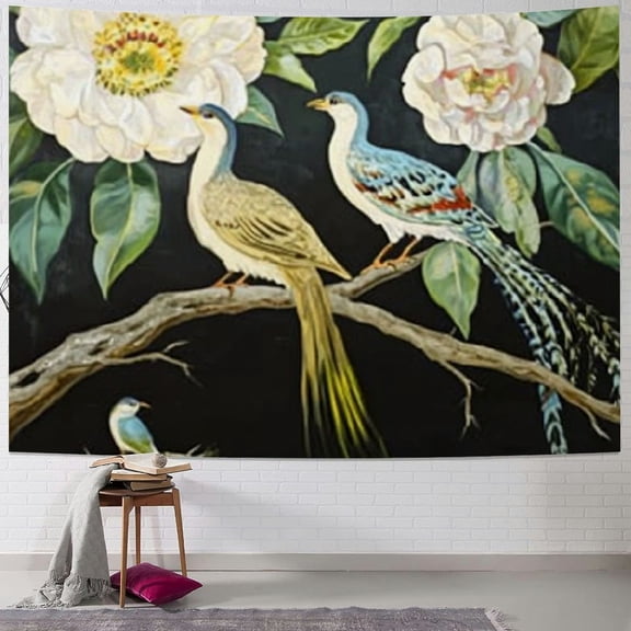 SHERONV White Peacock Tapestry Luxury Flowers Tapestries Art Home Decoration Bedroom Decor Living Room Door Green Leaves Tapestry Wall Hanging Peony Pattern Wall Hangings Art 40x30inch