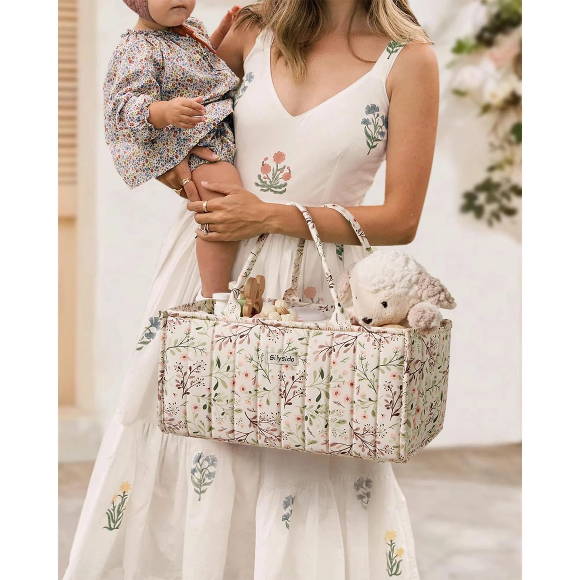 Gilysido  Floral Diaper Caddy Organizer, Cotton Baby Basket, Gift for Baby Shower, Newborn Essentials, Pastoral Daisy