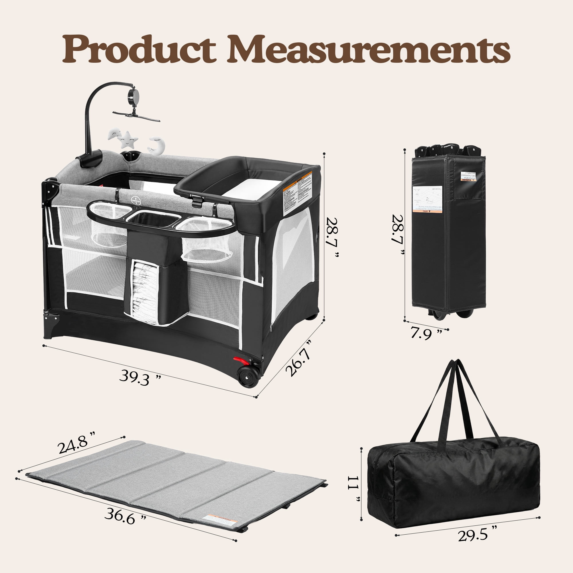 LINLUX Foldable Baby Bedside Crib Bassinet, Infant Pack and Play Playard, Newborn Playpen Changing Table,Dark Gray