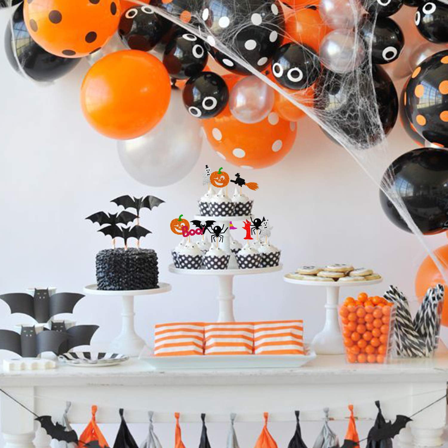 Halloween Cake Topper Set - 13 Pieces With Pumpkins, Ghosts, Bats, Witch Hat & BOO Signs